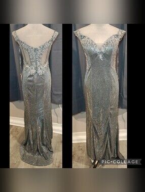 New JUNO Couture Metallic Silver-Blue Glitter Gown w Mermaid Flare Hem.